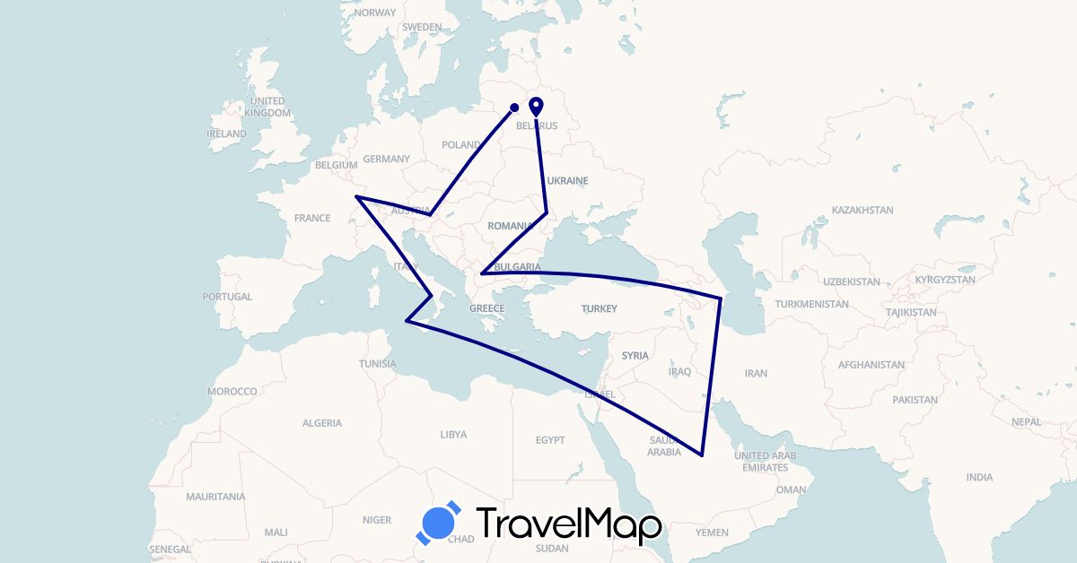 TravelMap itinerary: driving in Austria, Azerbaijan, Belarus, France, Italy, Lithuania, Moldova, Macedonia, Saudi Arabia (Asia, Europe)